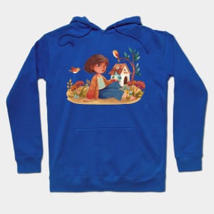 girl playing with birds hand drawn Hoodie